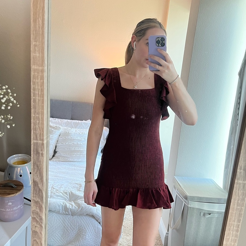 Vestique Wine Ruched Ruffle Mini Dress